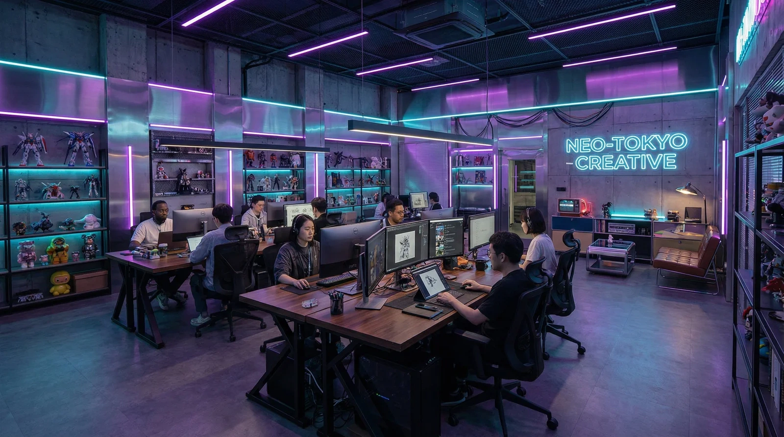 17c一起草网页版团队在赛博朋克风格创意办公室中工作